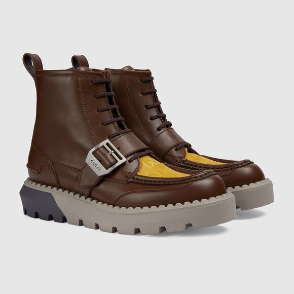 Gucci Gg Canvas 9/ US 9.5 Leather Brown Lace-Up Ankle Boots Side Zip NIB $1600 - Picture 1 of 16